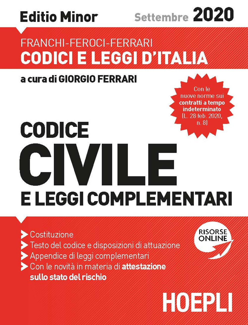Libro Codice civile e leggi complementari. Settembre 2020. Editio minor di Luigi Franchi; Virgilio Feroci; Santo Ferrari - ean 9788820395452 - Hoepli