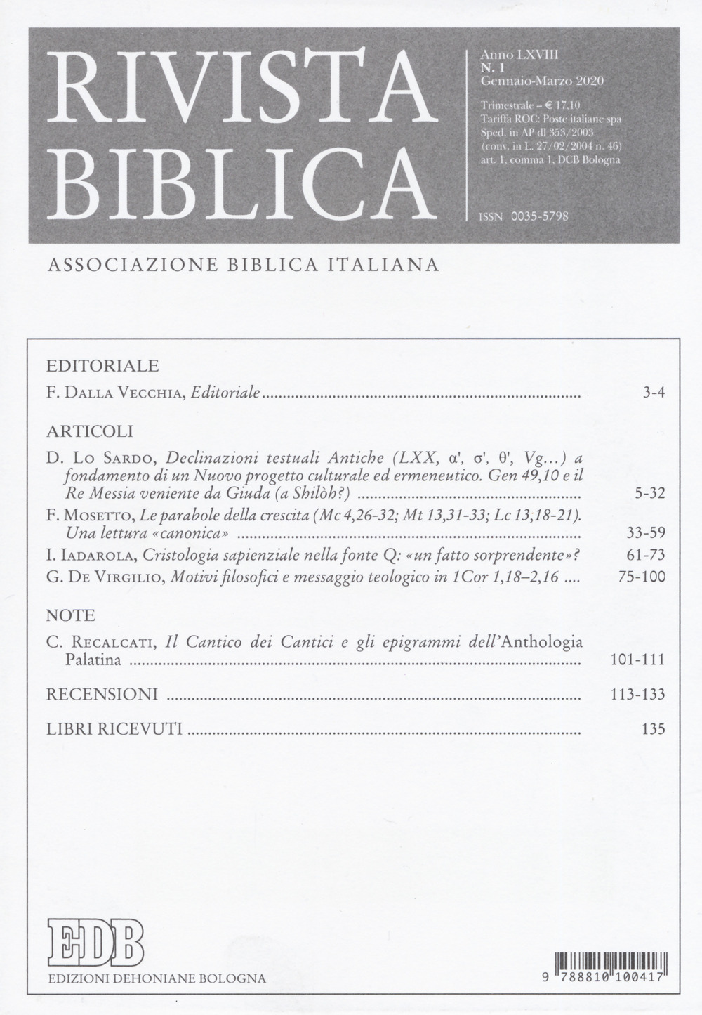 Libro Rivista biblica di - ean 9788810100417 - EDB